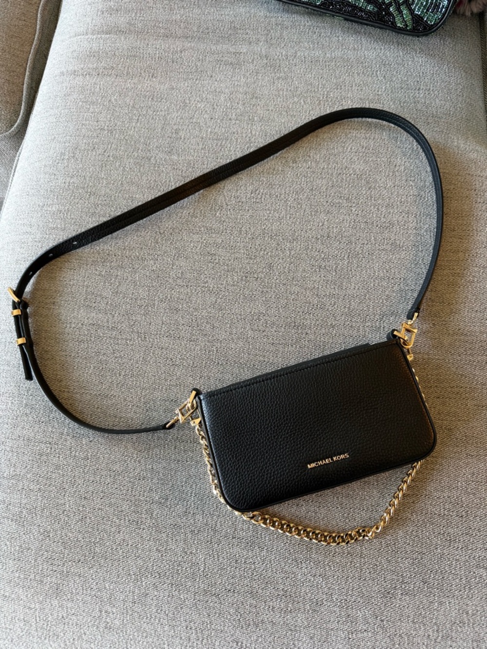 Michael Kors Black Leather Crossbody with Gold Chain Detail